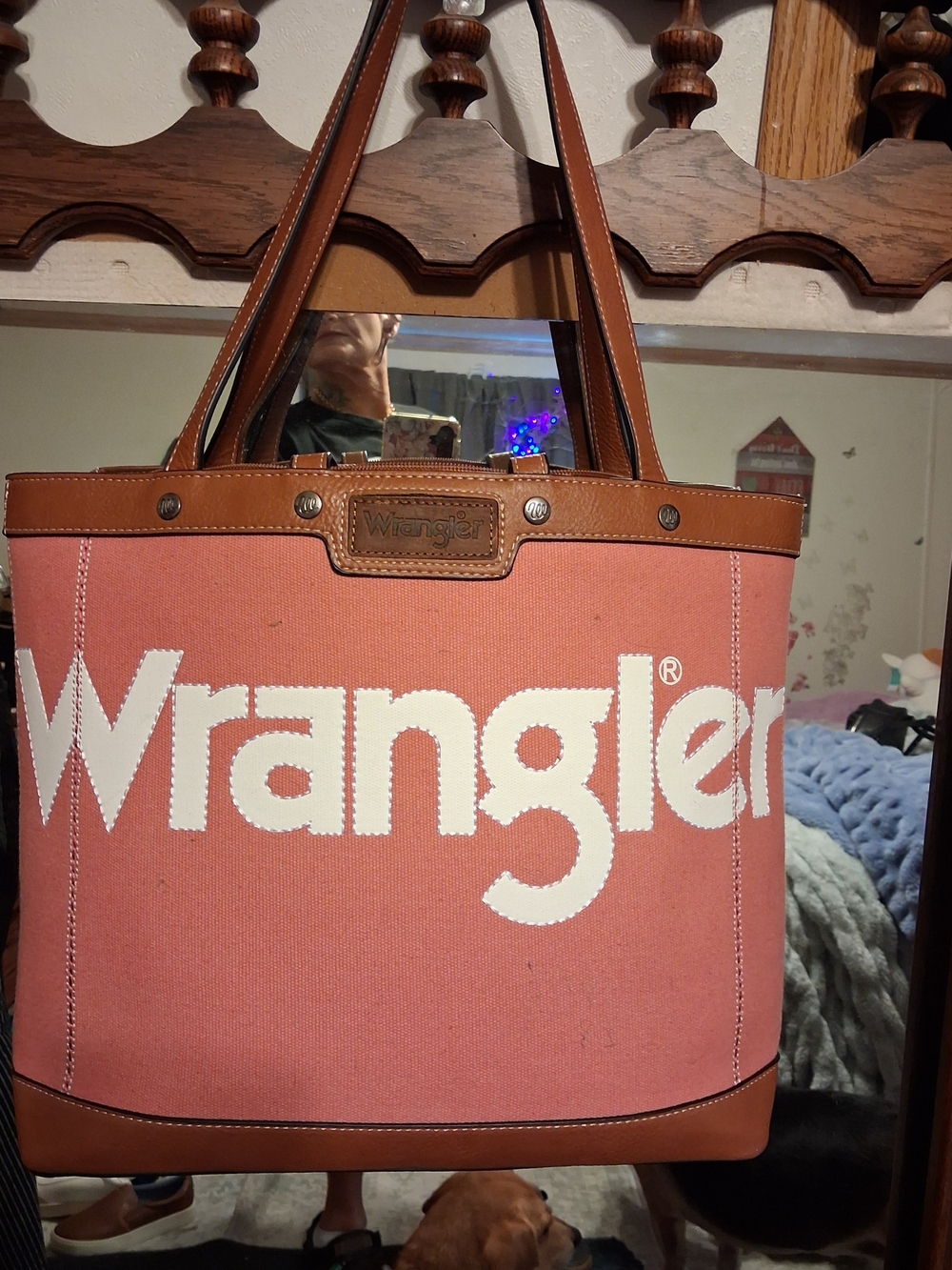 Wrangler Pink Canvas Tote Bag with Brown Trim